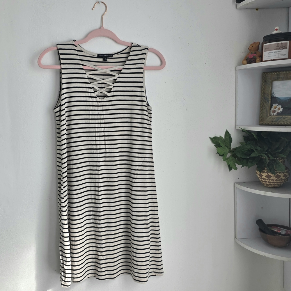 Signature Studio Black and Cream Striped Mid-lengthed Mini Dress